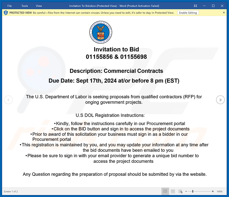 Malicious MS Word document distributed via U.S Department of Labor scam email (2024-08-27)