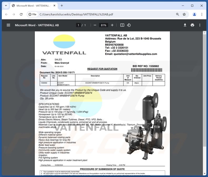 VATTENFALL AB scam email attachment (VATTENFALL AB.pdf)