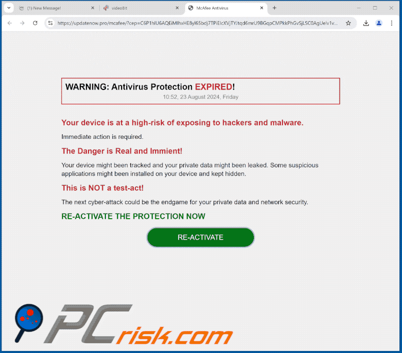 Appearance of WARNING: Antivirus Protection EXPIRED! pop-up scam