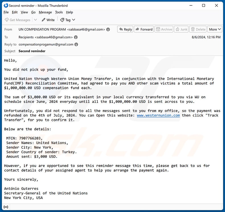 Western Union Money Transfer email scam (2024-08-19)