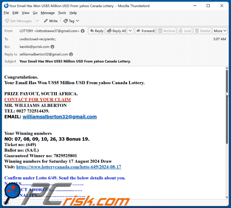 Yahoo Canada Lottery scam email appearance (GIF)