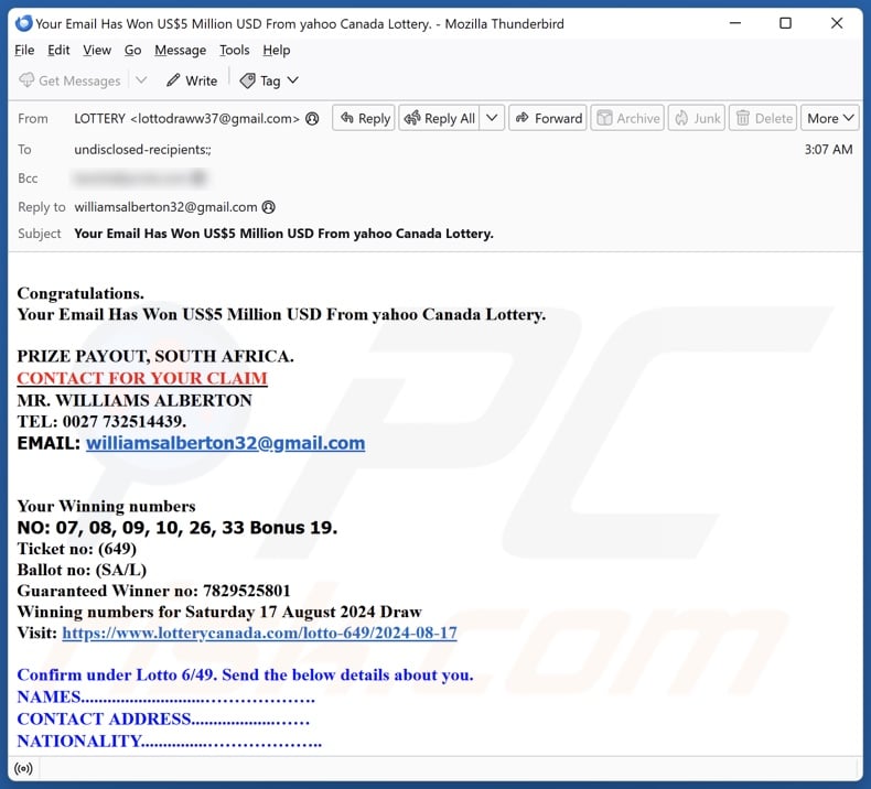 Yahoo Canada Lottery email spam campaign