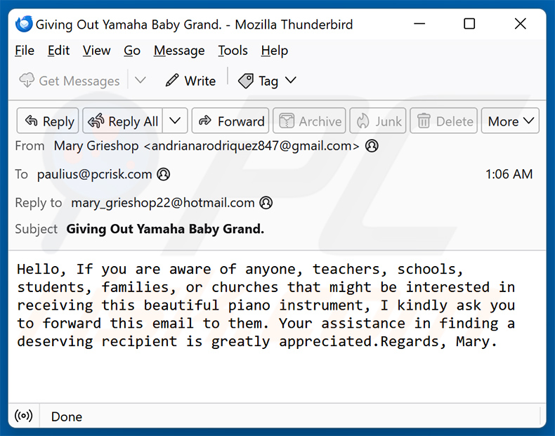 Yamaha Baby Grand Piano Email Scam (2024-08-01)