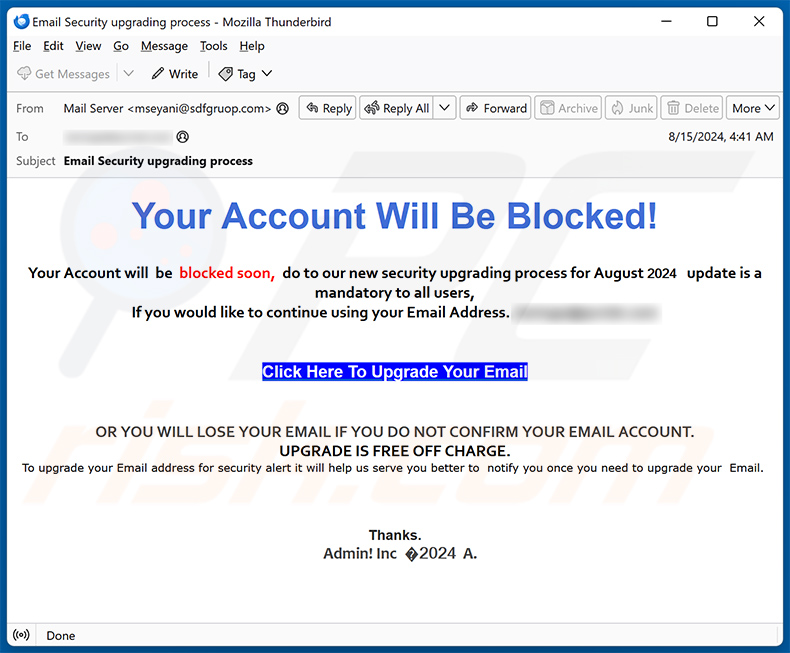 Your Account Will Be Blocked! email scam (2024-08-19)