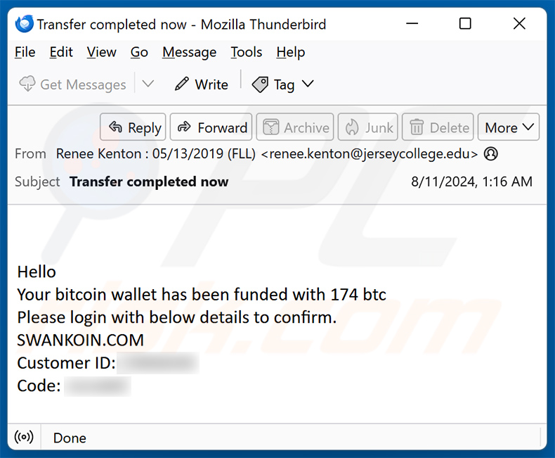 Your Bitcoin Wallet Has Been Credited Email Scam (2024-08-14)