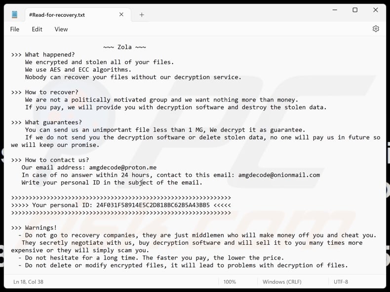 Zola ransomware ransom note (#Read-for-recovery.txt)