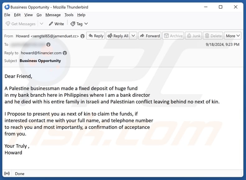 A Businessman Made A Fixed Deposit Of Huge Fund email spam campaign