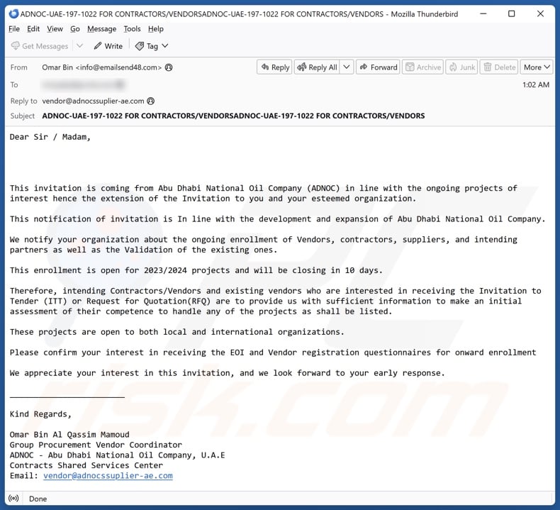 Abu Dhabi National Oil Company (ADNOC) email spam campaign
