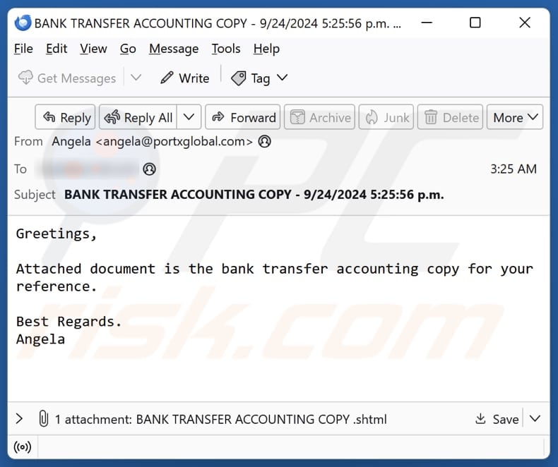 Bank Transfer Accounting Copy email spam campaign