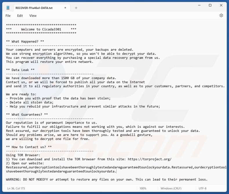 Cicada 3301 ransomware ransom note (RESTORE-[file_extension]-DATA.txt)