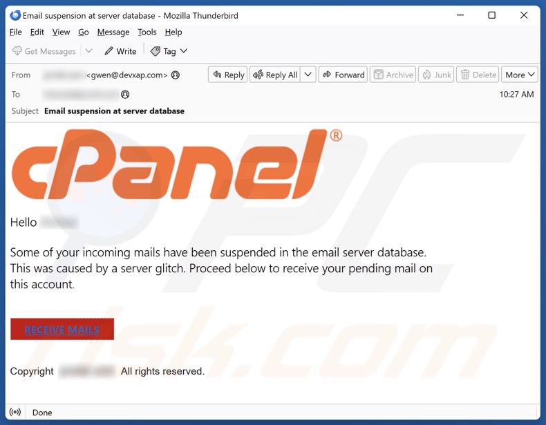 cPanel - Server Glitch email spam campaign