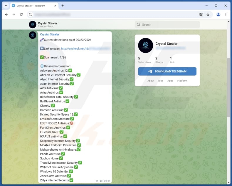 Crystal stealer promoted on Telegram