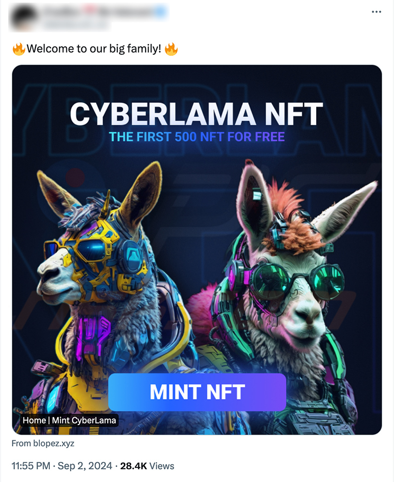 X (Twitter) post promoting CyberLama Mint scam