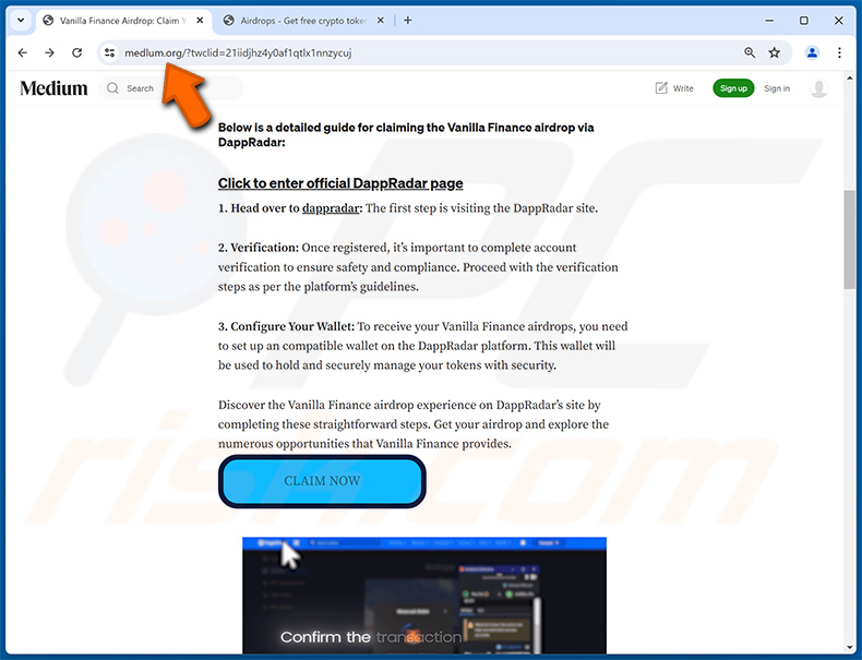 Fake medium.com website (medLum.com) promoting DappRadar Airdop scam website (clappradar[.]net)