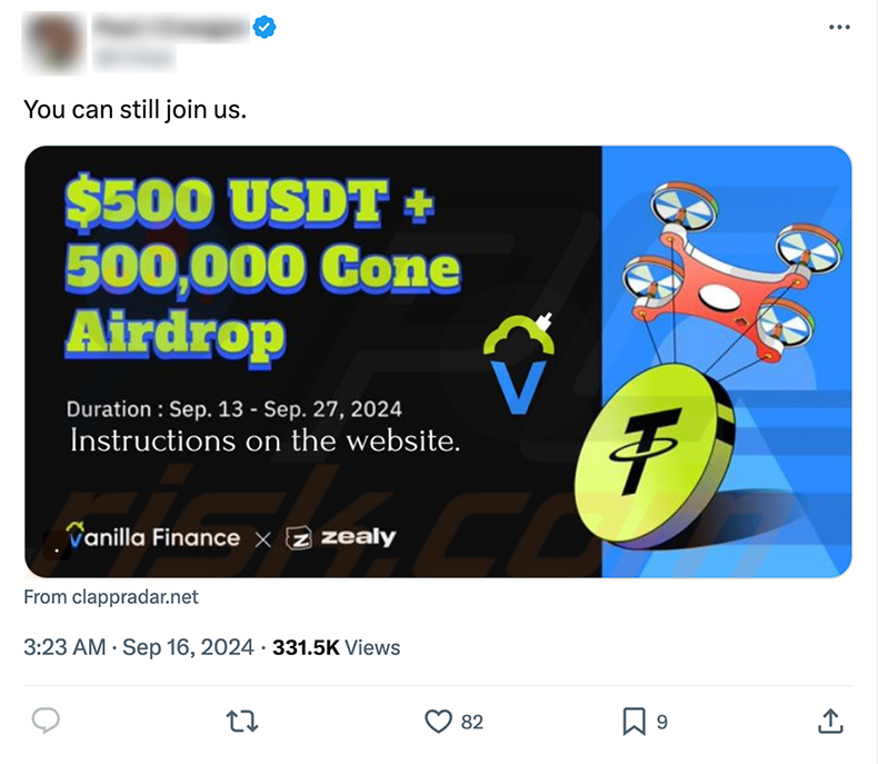 X (Twitter) post promoting DappRadar Airdop scam website (clappradar[.]net)