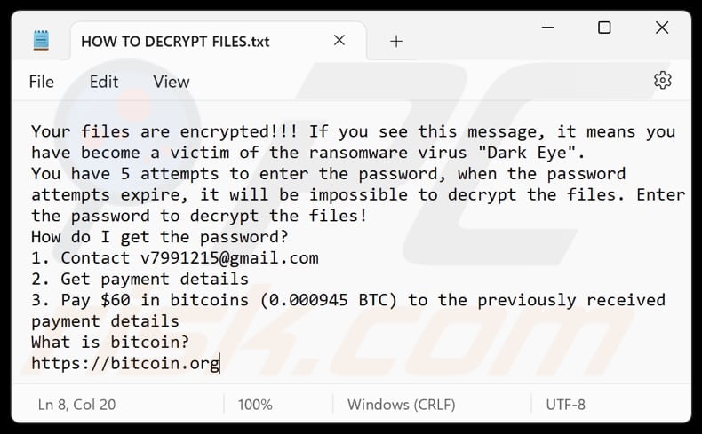 Dark Eye ransomware text file (HOW TO DECRYPT FILES.txt)