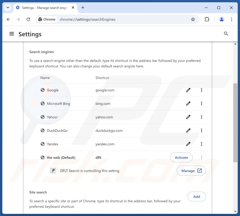 Removing dfltsearch.com from Google Chrome default search engine