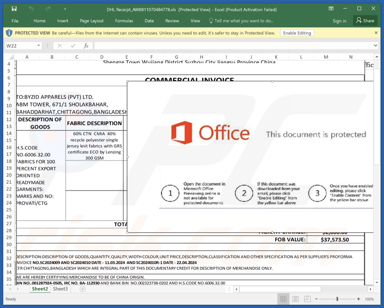 Malicious attachment distributed through DHL Airfreight spam campaign (DHL Receipt_AWB811070484778.xls)