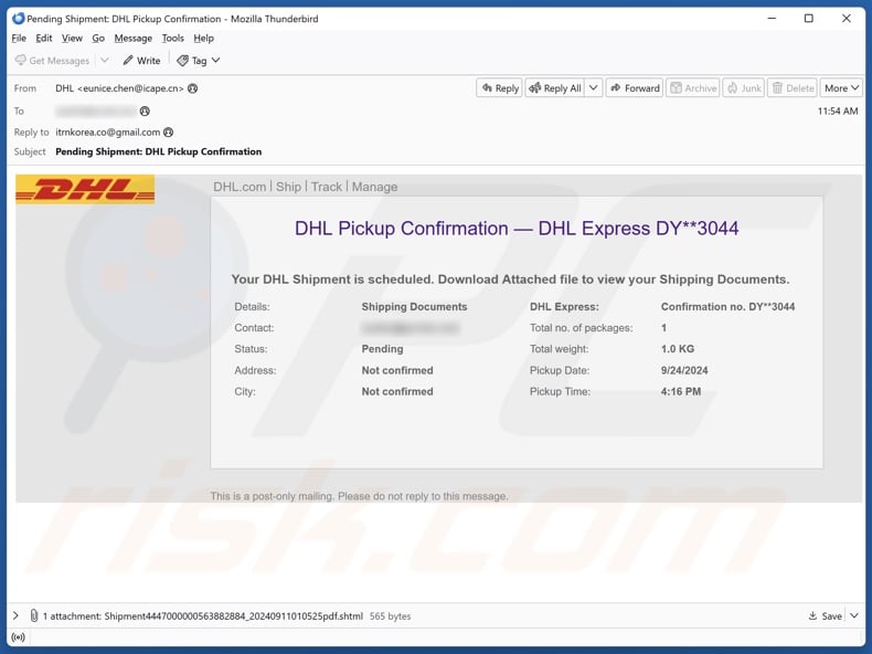 DHL Pickup Confirmation email spam campaign