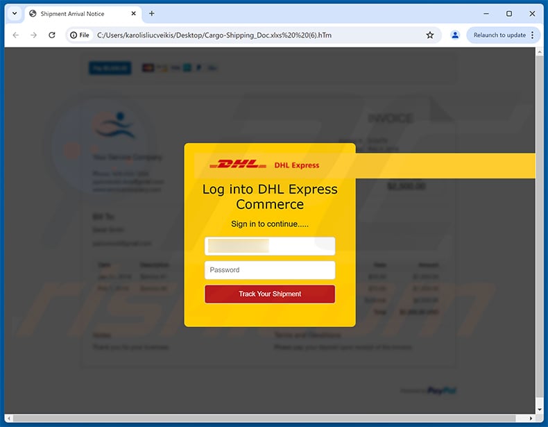 HTML document attached to DHL Shipping Document/Invoice Receipt email scam (2024-09-30)