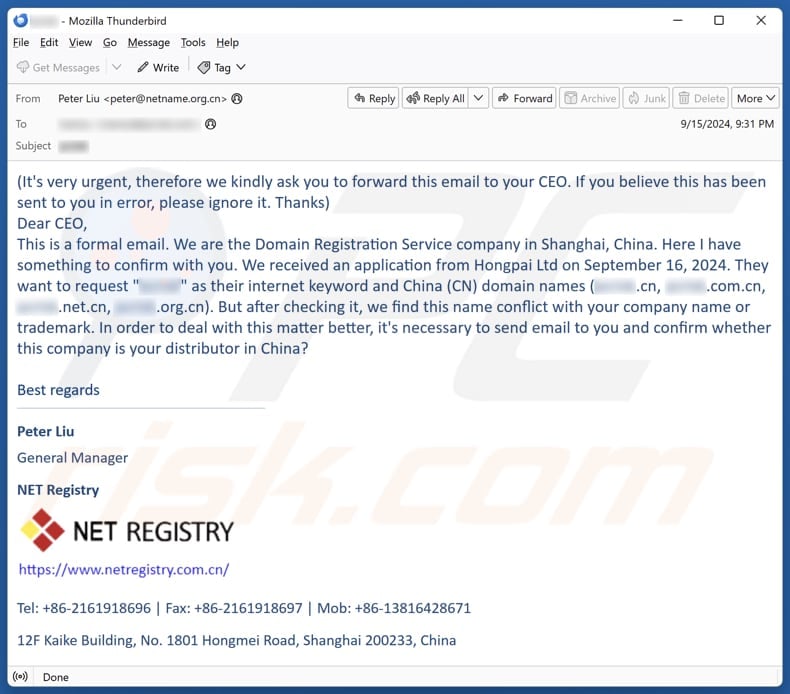 Domain/Company Name Conflict email spam campaign