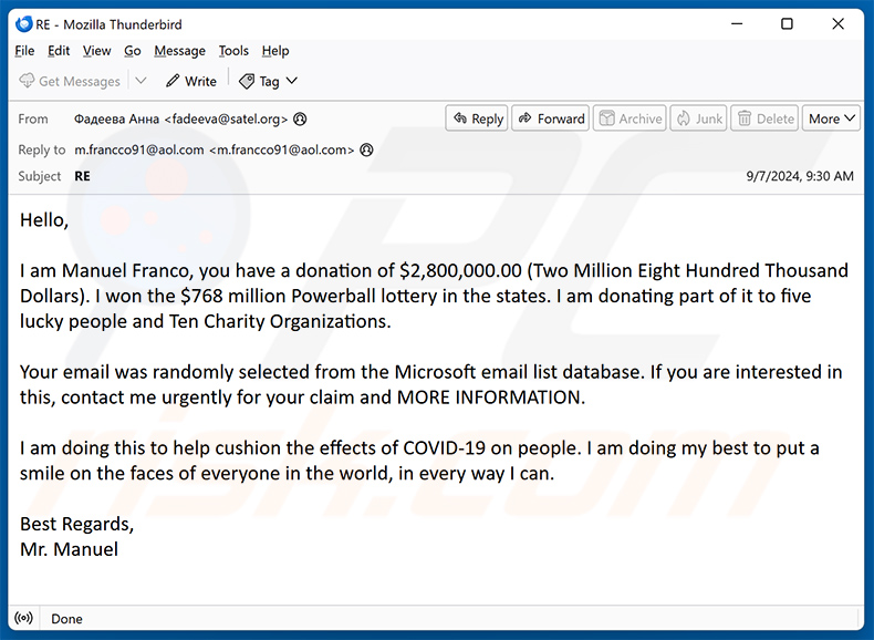 Donation From Lottery Winner email scam (2024-09-09)