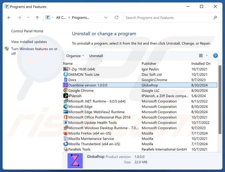 DzenTime uninstall via Control Panel