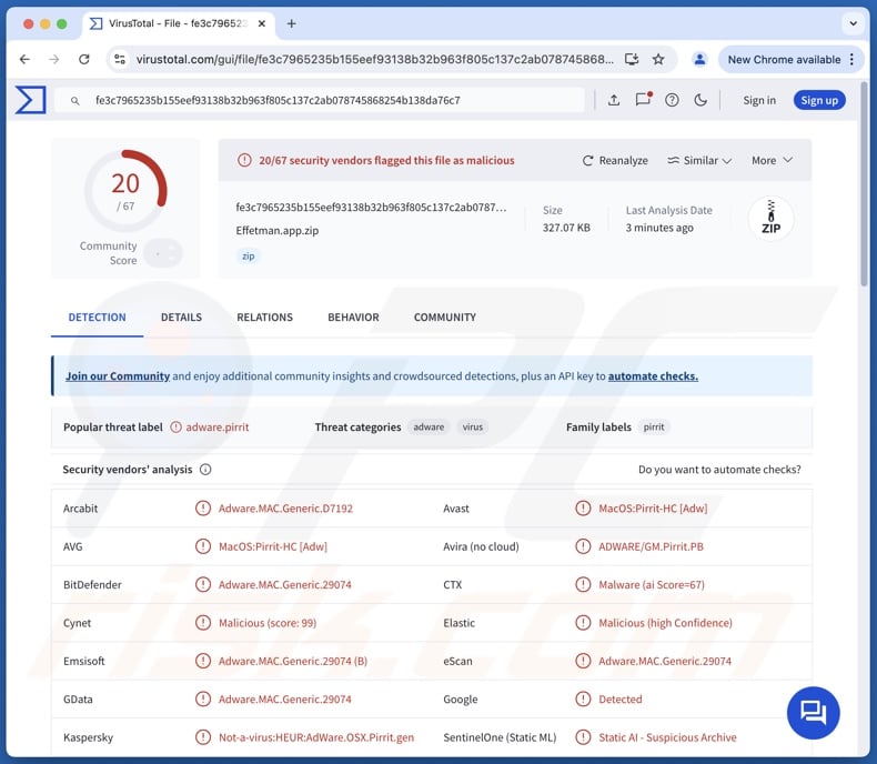 Effetman.app adware detections on VirusTotal