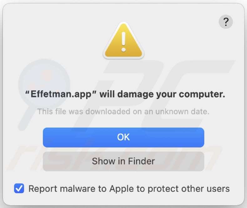 Pop-up displayed when Effetman.app adware is detected on the system