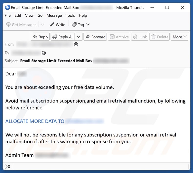 Exceeding Your Free Data Volume email spam campaign