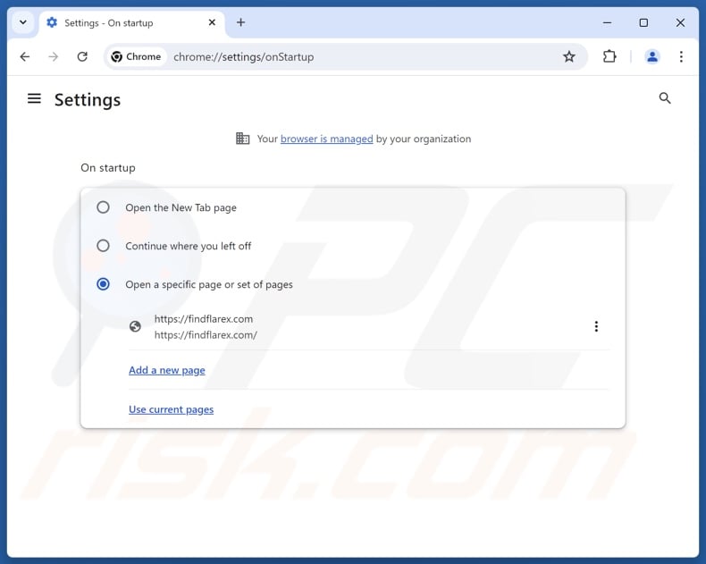 Removing findflarex.com from Google Chrome homepage
