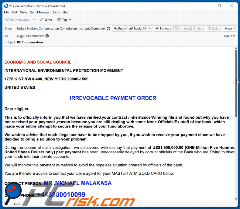 IRREVOCABLE PAYMENT ORDER Email Scam appaearance