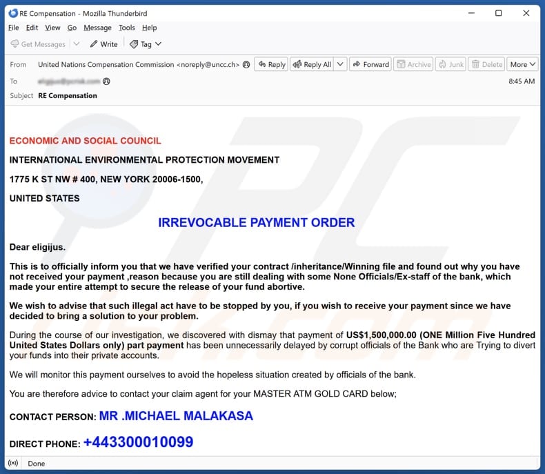 IRREVOCABLE PAYMENT ORDER email spam campaign