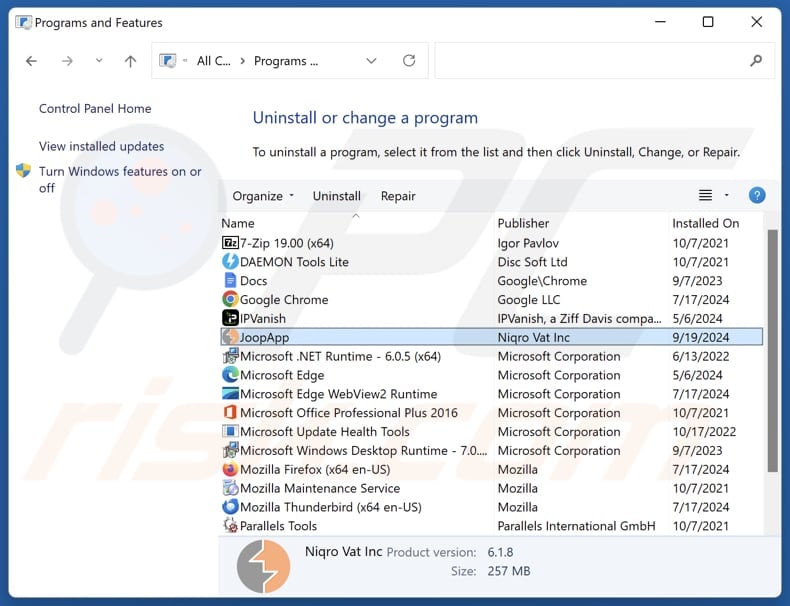 JoopApp uninstall via Control Panel