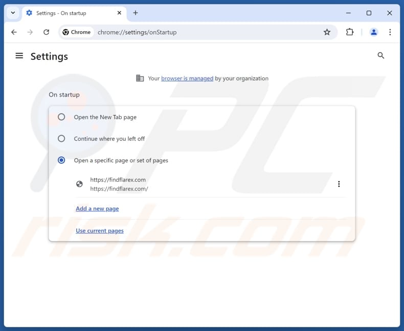 Removing findflarex.com from Google Chrome homepage