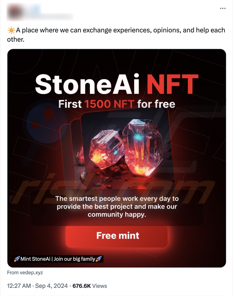 Mint StoneAi scam promoted on the X (Twitter) social media platform