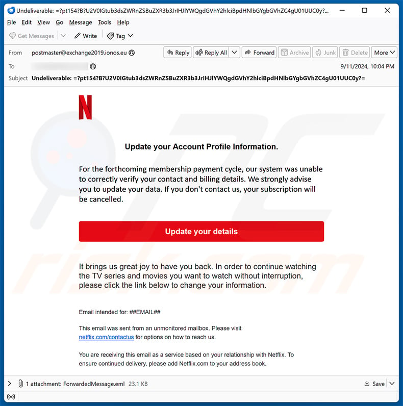 Netflix - Update Your Account Information email scam (2024-09-12)