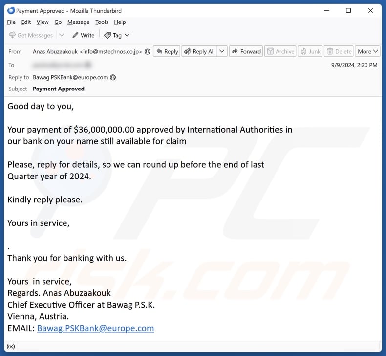 Payment Approved By International Authorities email spam campaign