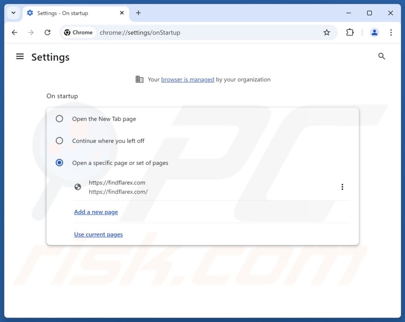 Removing findflarex.com from Google Chrome homepage