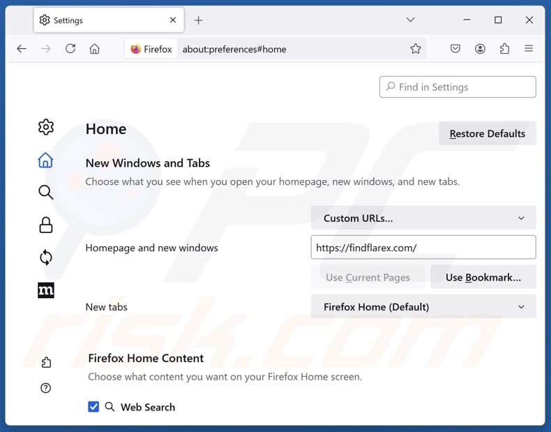 Removing findflarex.com from Mozilla Firefox homepage