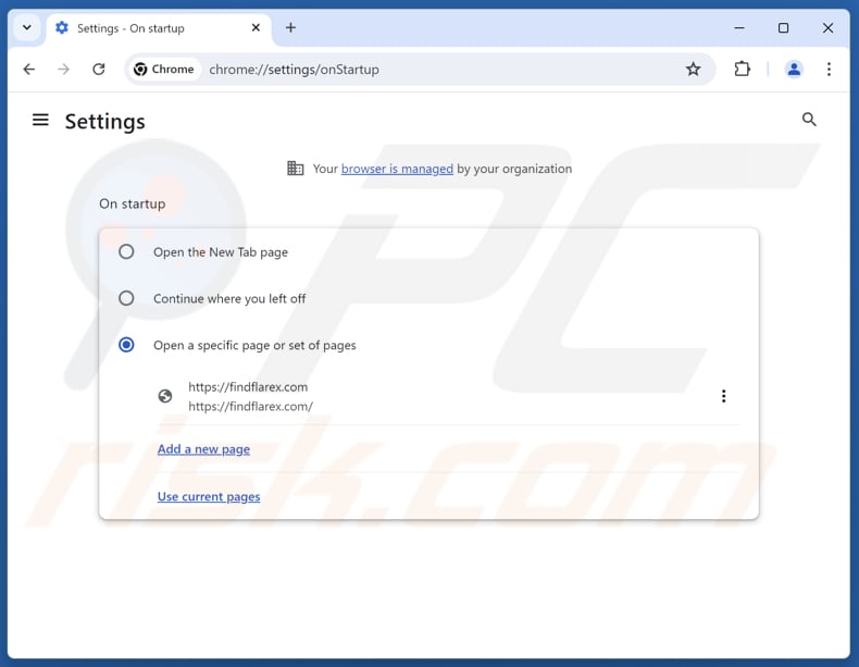 Removing findflarex.com from Google Chrome homepage