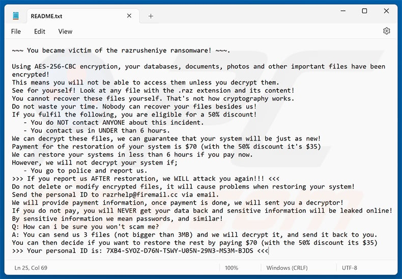 Razrusheniye ransomware note (README.txt)