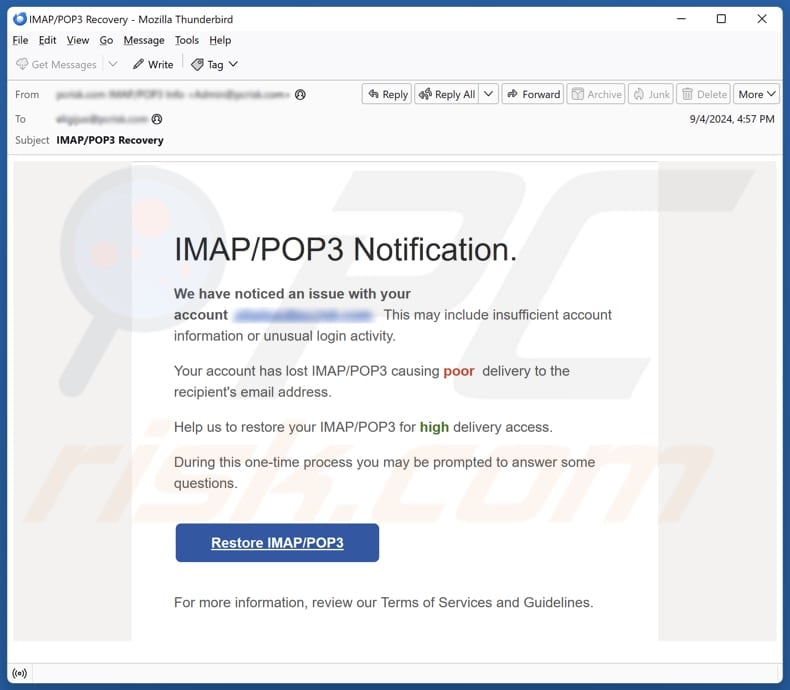 Restore IMAP/POP3 email scam