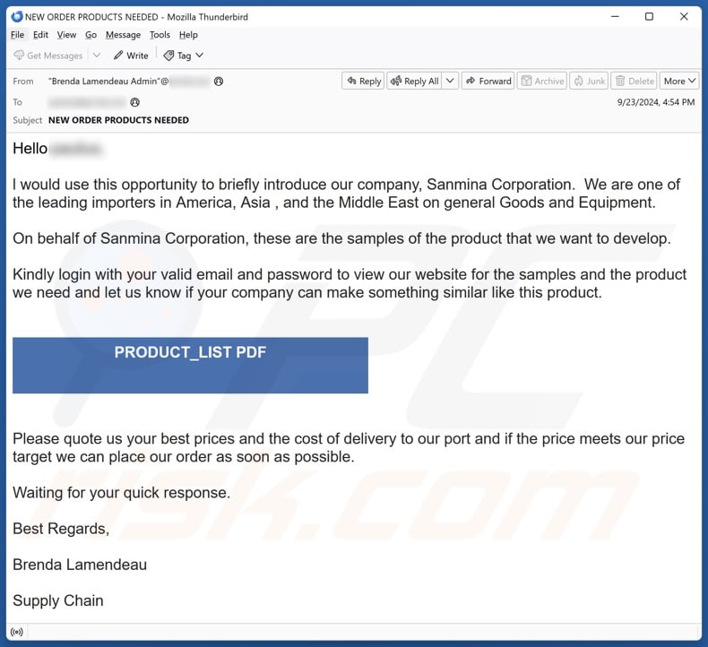 Samples Of The Product email spam campaign