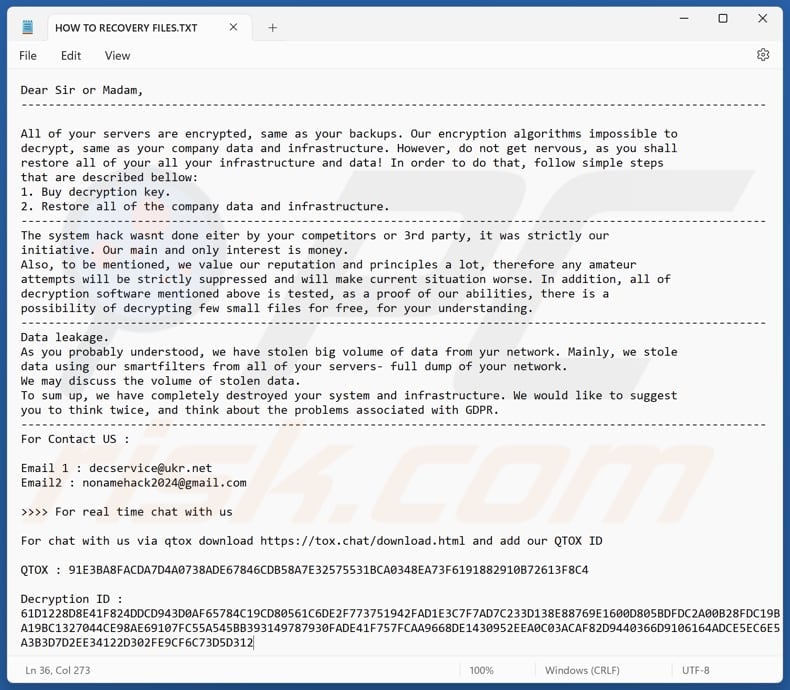 ScRansom ransomware text file (HOW TO RECOVERY FILES.TXT)