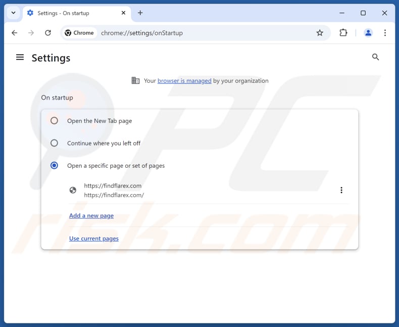 Removing findflarex.com from Google Chrome homepage