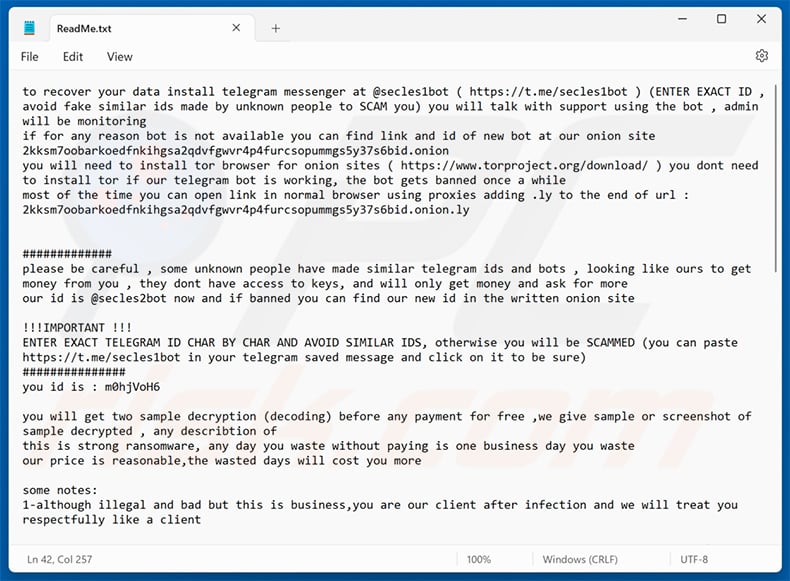 Secles2 ransomware note (ReadMe.txt)