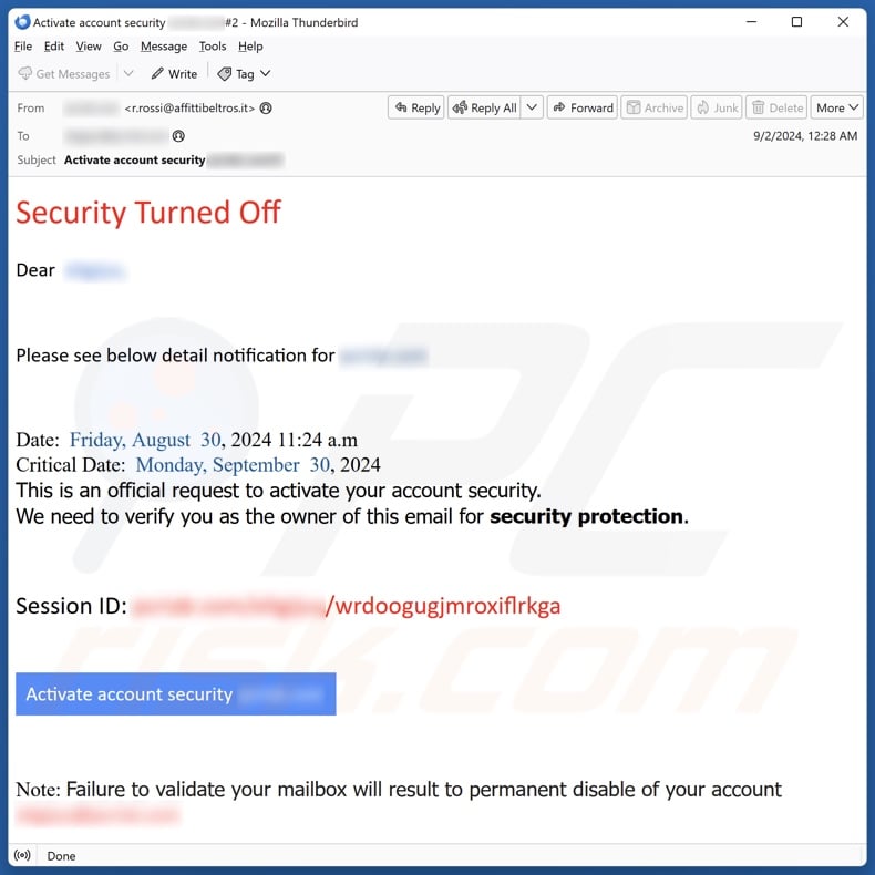 Security Turned Off email spam campaign