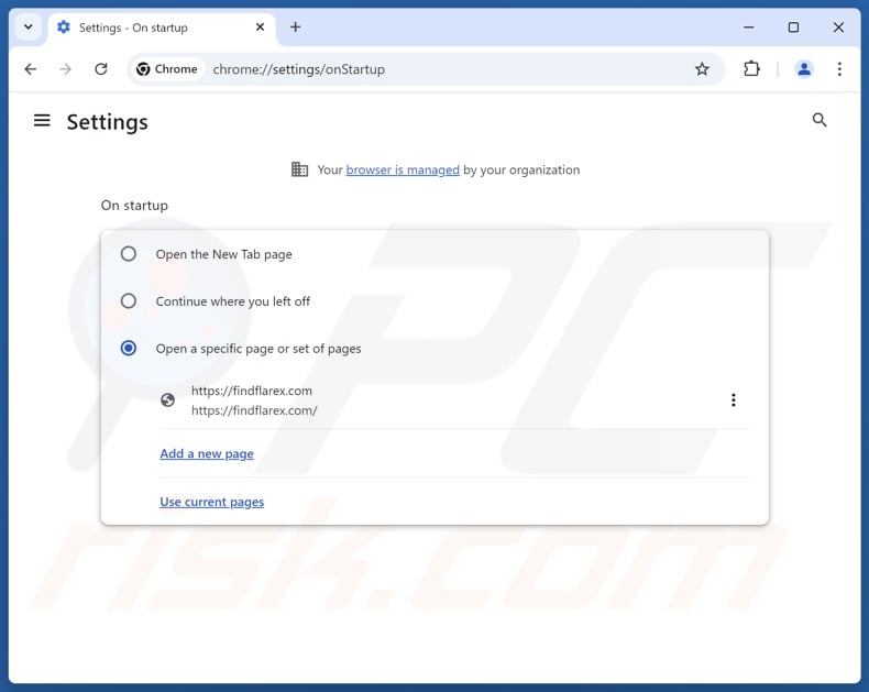 Removing findflarex.com from Google Chrome homepage