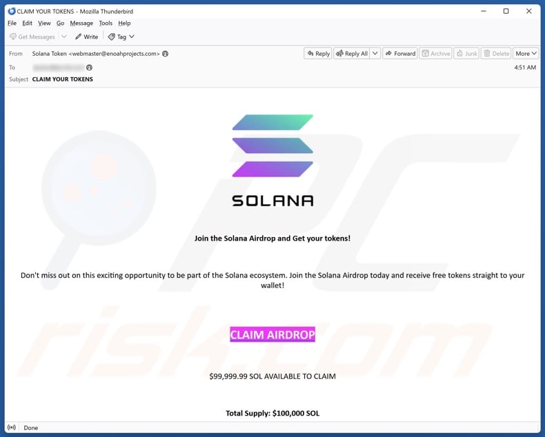 Appearance of a spam email endorsing this Solana Giveaway scam